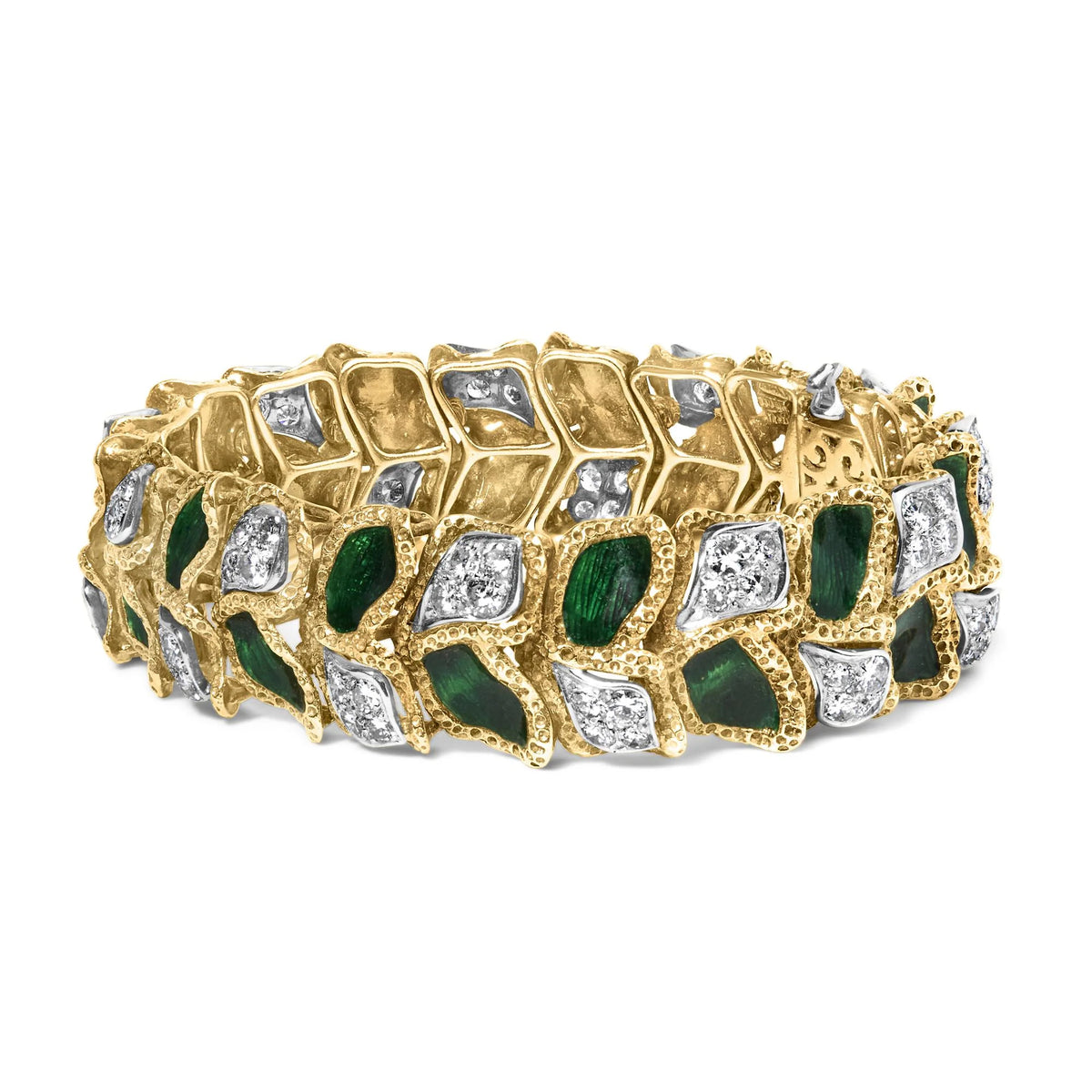 18K Yellow Gold 3 1/4 Cttw Diamond and Green Enamel Gold Textured Bracelet (G-H Color, VS1-VS2 Clarity) - 7&quot; Inches