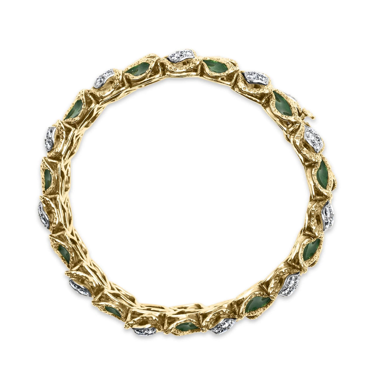 18K Yellow Gold 3 1/4 Cttw Diamond and Green Enamel Gold Textured Bracelet (G-H Color, VS1-VS2 Clarity) - 7&quot; Inches