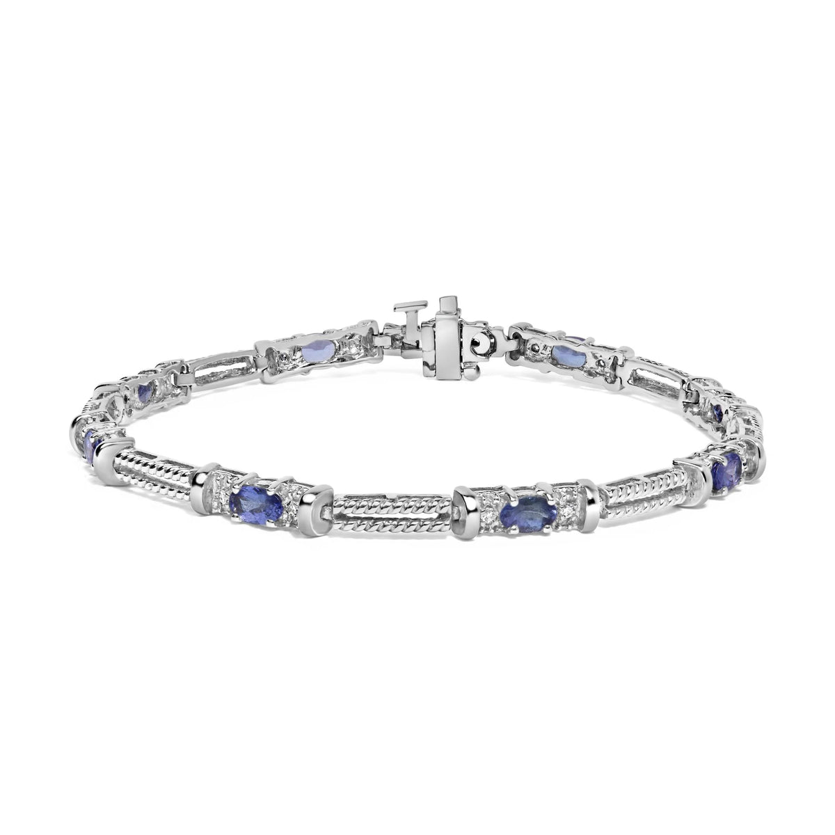 14K White Gold Blue Purple Tanzanite and Diamond Accent Cord Style Link Bracelet (H-I Color, SI1-SI2 Clarity) - 7&quot; Inches