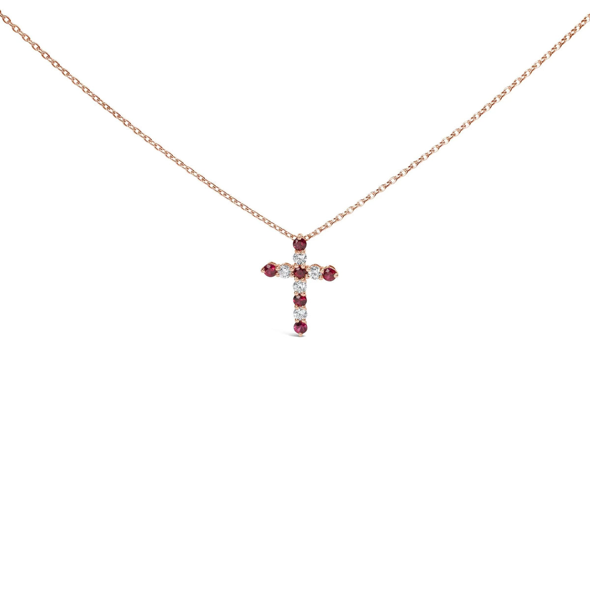 18K Rose Gold 1/2 Cttw Diamond and 2.9MM Round Red Ruby 11 Stone Cross 18&quot; Pendant Necklace (F-G Color, VS2-SI1 Clarity)