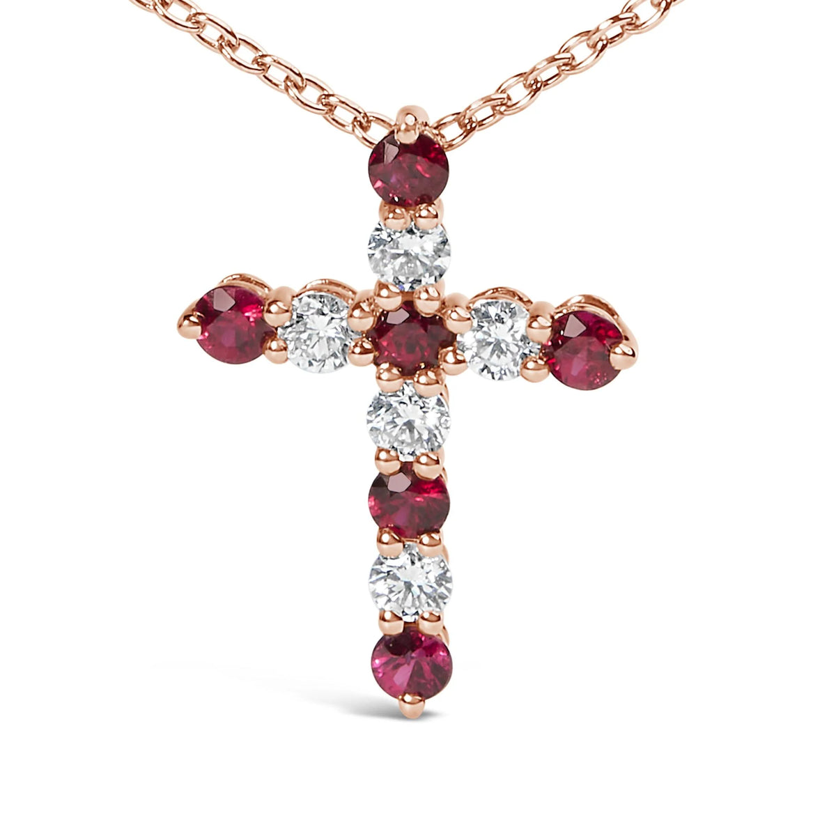 18K Rose Gold 1/2 Cttw Diamond and 2.9MM Round Red Ruby 11 Stone Cross 18&quot; Pendant Necklace (F-G Color, VS2-SI1 Clarity)