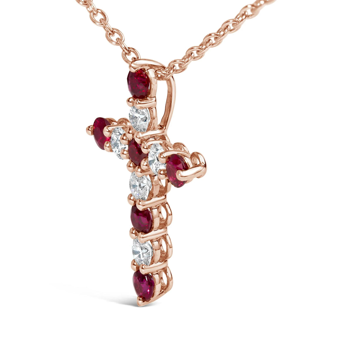 18K Rose Gold 1/2 Cttw Diamond and 2.9MM Round Red Ruby 11 Stone Cross 18&quot; Pendant Necklace (F-G Color, VS2-SI1 Clarity)