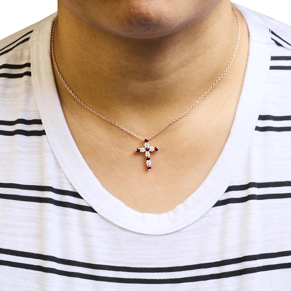 18K Rose Gold 1/2 Cttw Diamond and 2.9MM Round Red Ruby 11 Stone Cross 18&quot; Pendant Necklace (F-G Color, VS2-SI1 Clarity)