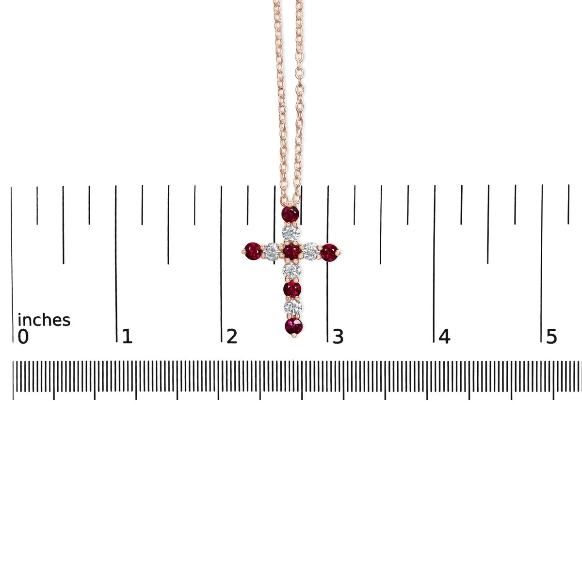 18K Rose Gold 1/2 Cttw Diamond and 2.9MM Round Red Ruby 11 Stone Cross 18&quot; Pendant Necklace (F-G Color, VS2-SI1 Clarity)