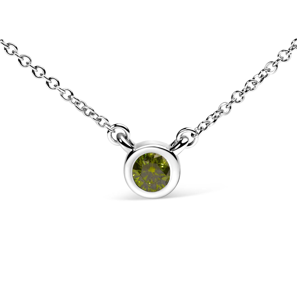 14K White Gold 1/2 Cttw Green Lab Grown Diamond Bezel-Set Solitaire 18&quot; Pendant Necklace (Green Color, VS1-VS2 Clarity)