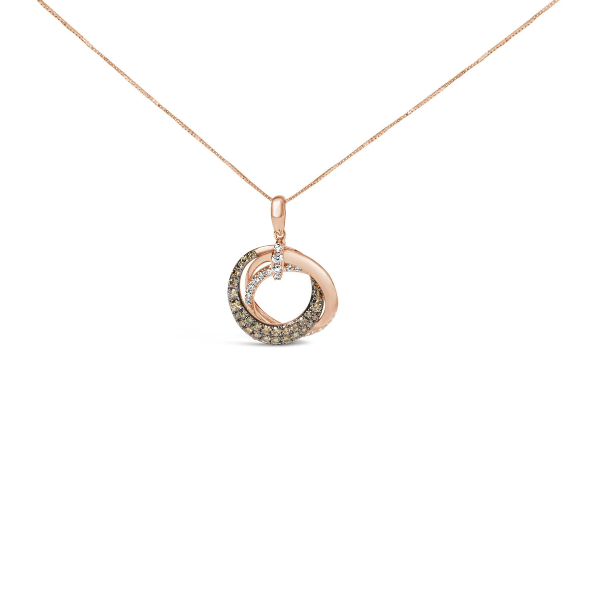 14K Rose Gold 3/4 Cttw Brown and White Diamond Interlocking Circle Hoop 18&quot; Inch Pendant Necklace (G-H Color, SI2-I1 Clarity)