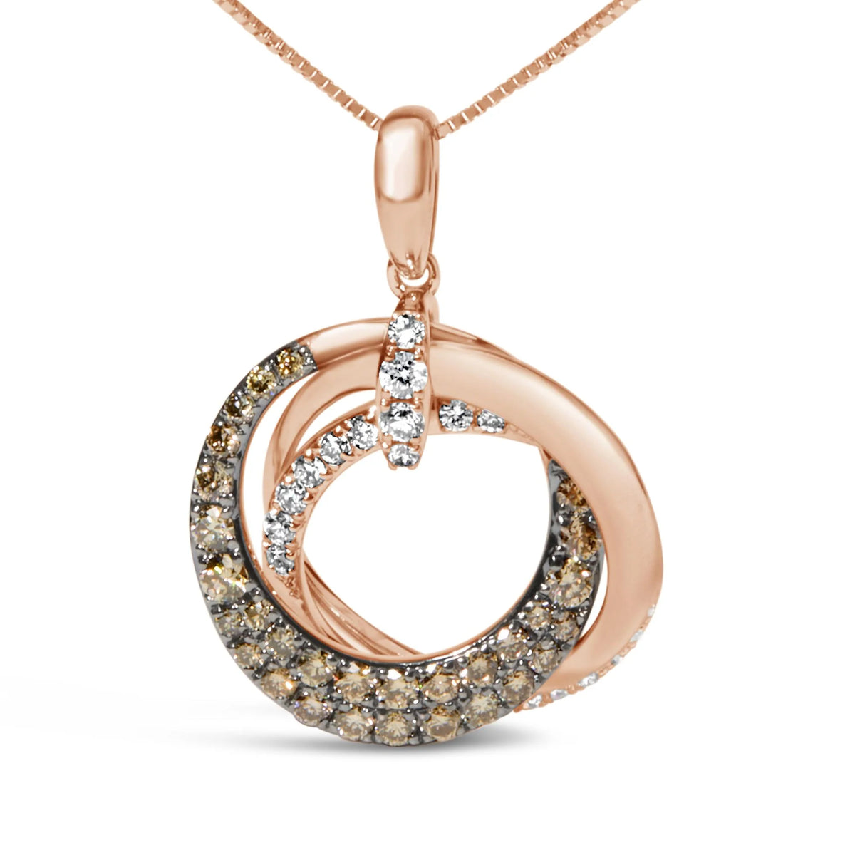 14K Rose Gold 3/4 Cttw Brown and White Diamond Interlocking Circle Hoop 18&quot; Inch Pendant Necklace (G-H Color, SI2-I1 Clarity)