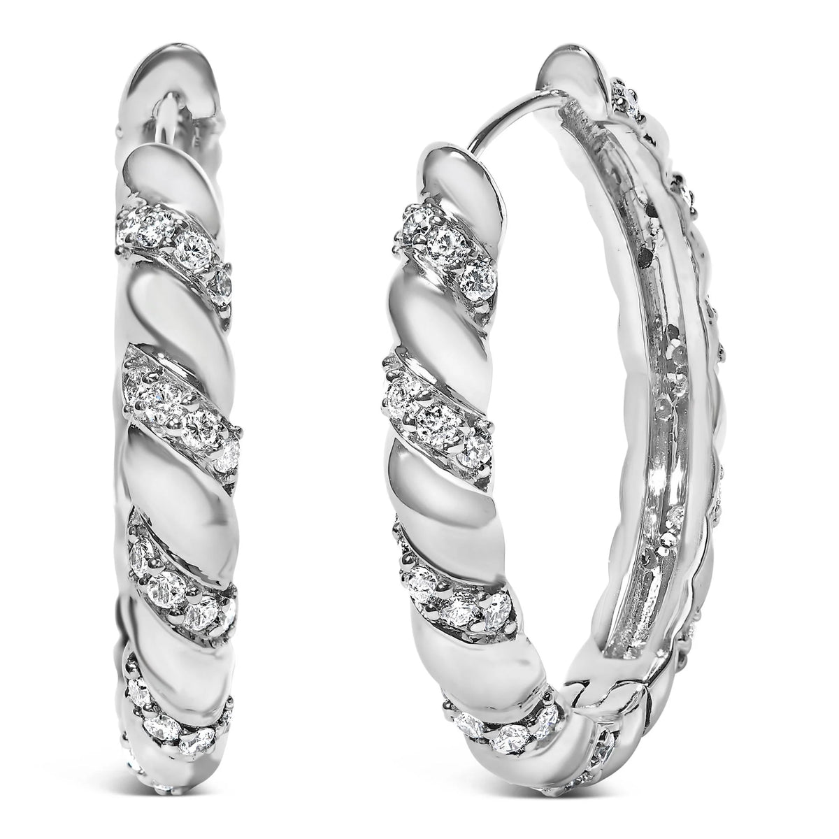 14K White Gold 1 1/5 Cttw Lab Grown Diamond Swirl Design 1&quot; Inch Hoop Earrings (F-G Color, VS1-VS2 Clarity)