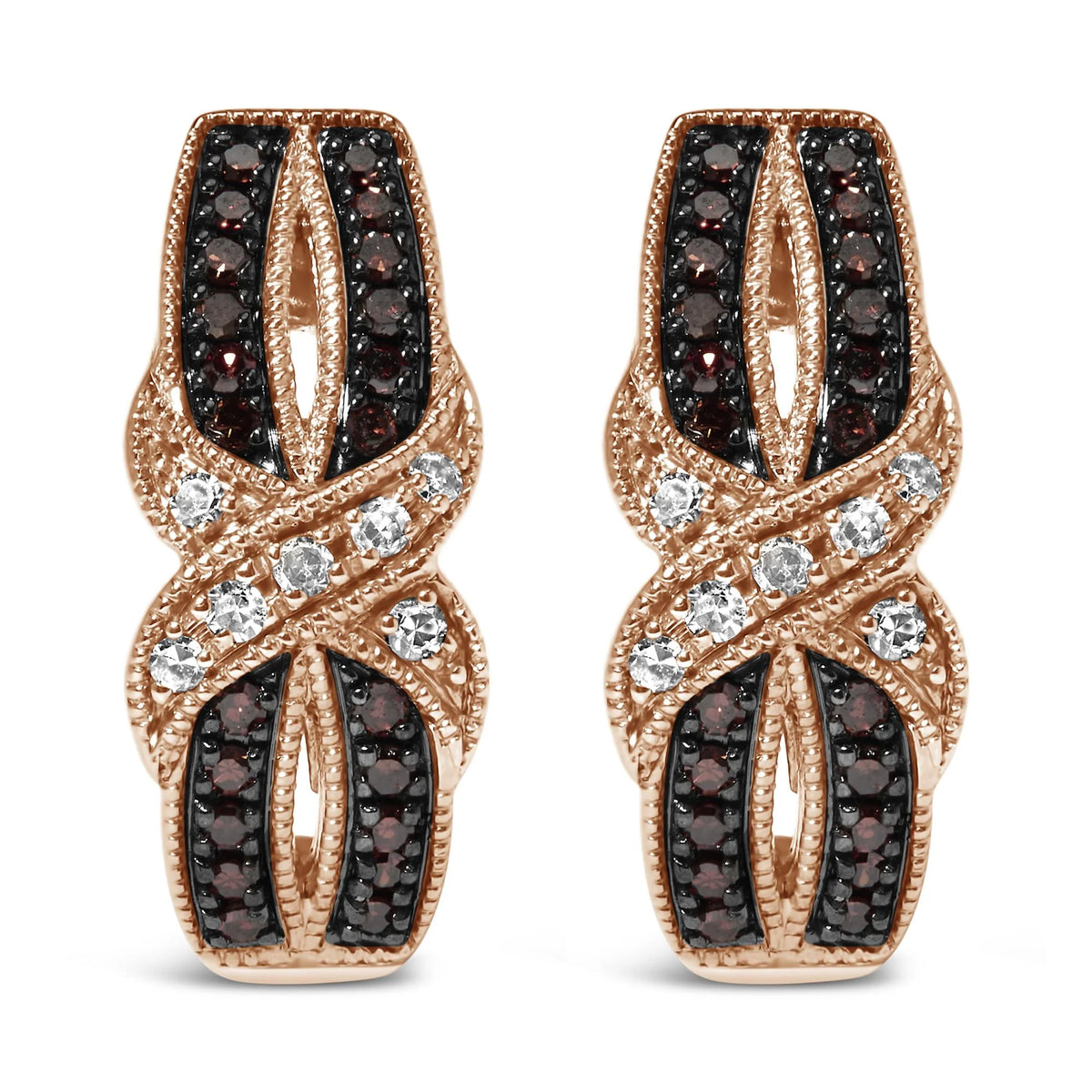 10K Rose Gold 1/3 Cttw White and Brown Diamond Milgrain Criss Cross J-Hoop Earrings (I-J Color, I1-I2 Clarity)