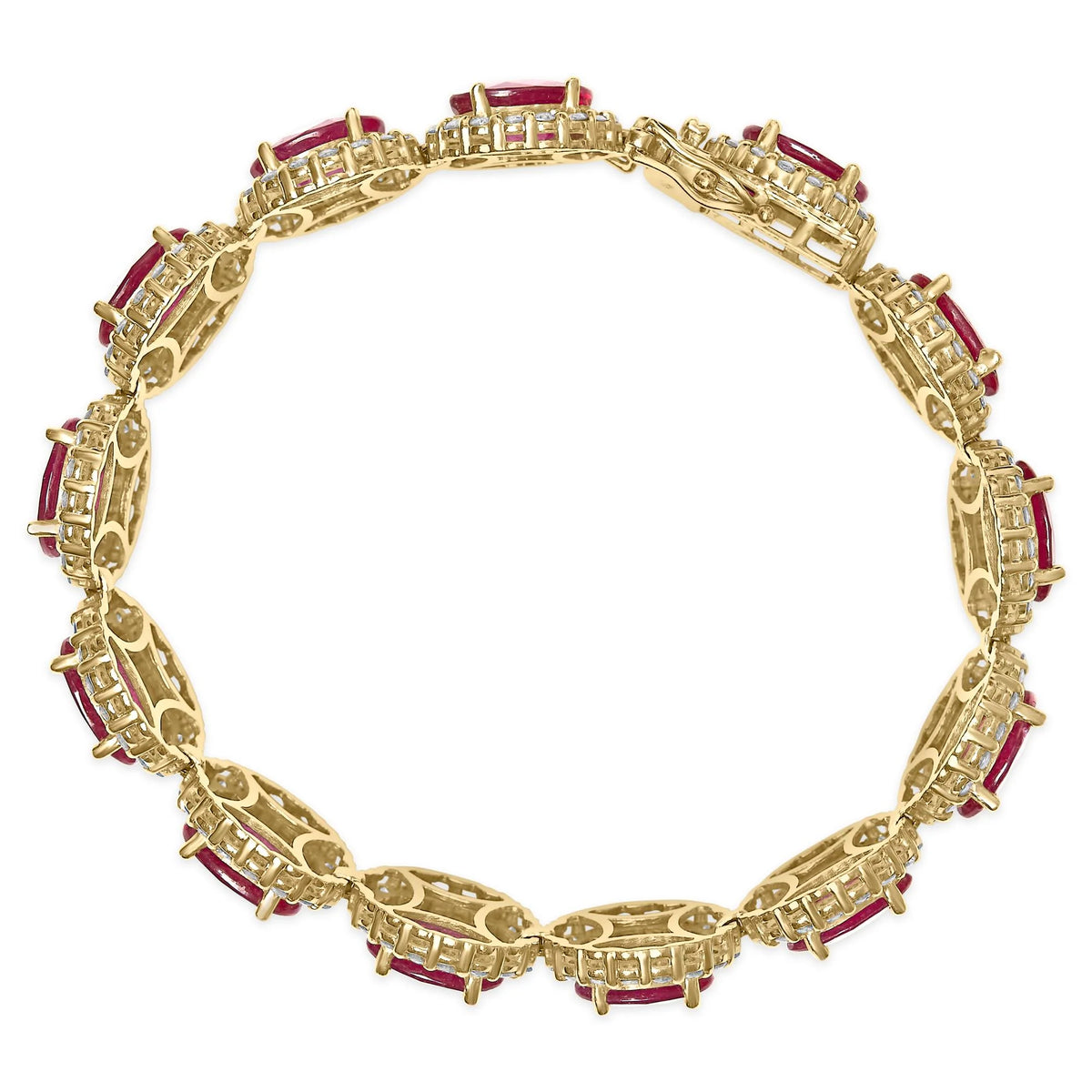 14K Yellow Gold 6 2/5 Cttw Diamond and 34.0 Cttw Oval Red Ruby Halo Link Bracelet (I-J Color, SI1-SI2 Clarity) - 7.25&quot; Inches