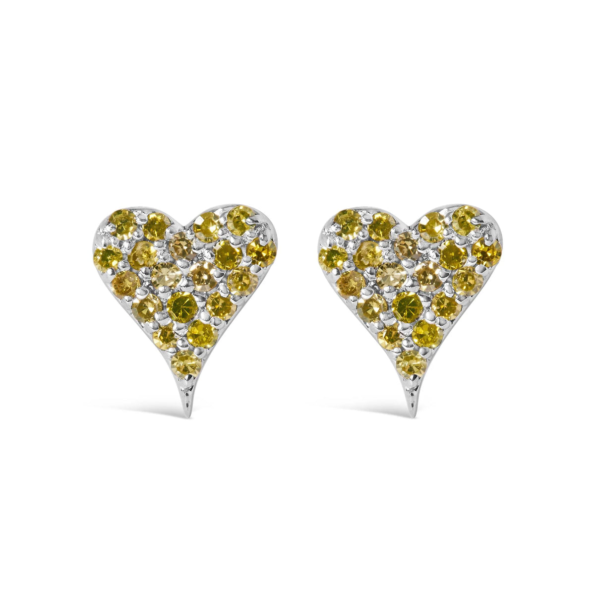 925 Sterling Silver 1/10 Cttw Yellow Diamond Heart Shaped Stud Earrings (Yellow Color, I3 Clarity)