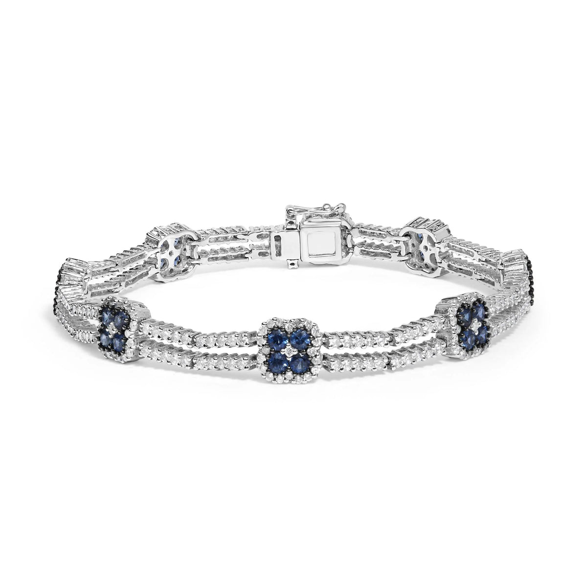 18K White Gold 2 3/4 Cttw Diamond and 3x3MM Sapphire Double Row Link Bracelet (G-H Color, VS1-VS2 Clarity) - 7&quot; Inches