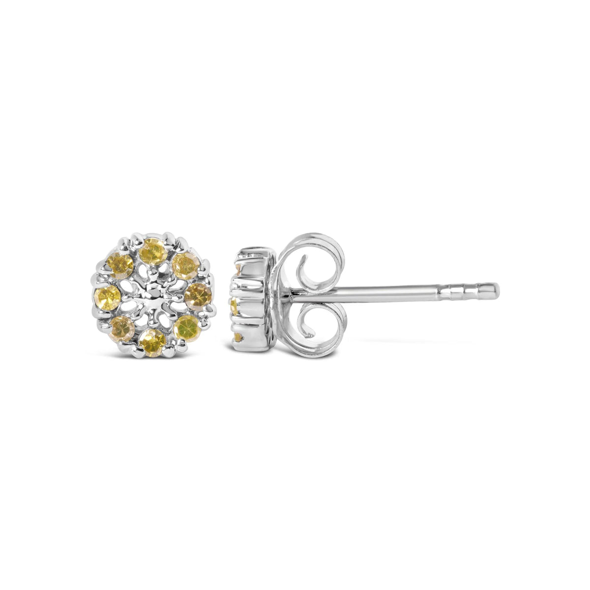 925 Sterling Silver 1/10 Cttw Yellow Diamond Floral Cluster Stud Earrings (Yellow Color, I3 Clarity)