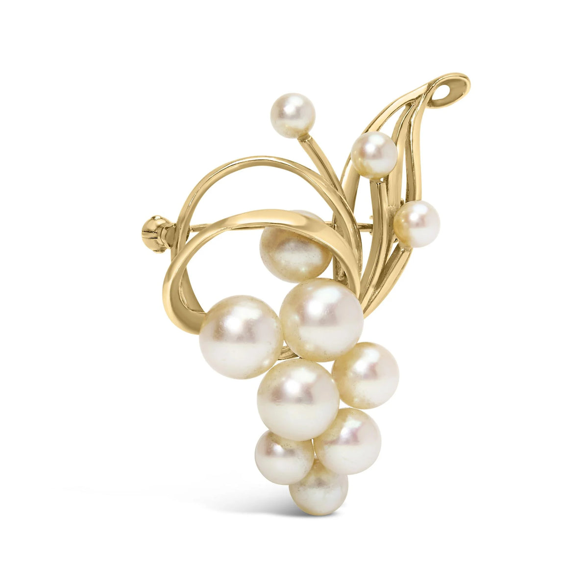 14K Yellow Gold Akoya Cultured Pearl Cluster Swirl Brooch Pin