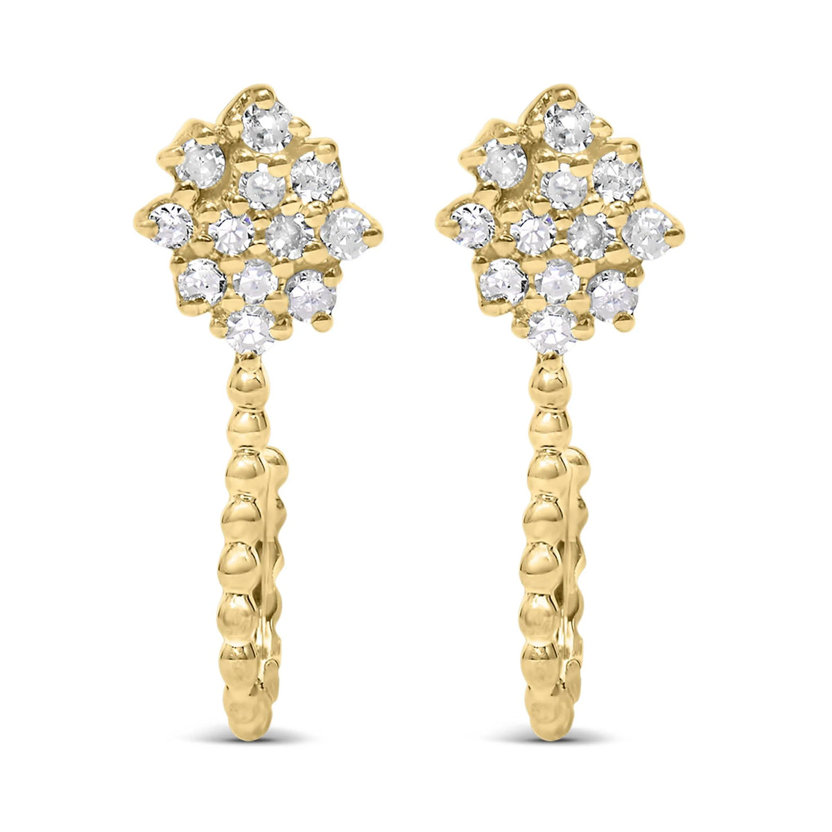 14K Yellow Gold Plated .925 Sterling Silver 1/10 Cttw Diamond Floral Cluster and Beaded Hoop Stud Earrings (H-I Color, I1-I2 Clarity)