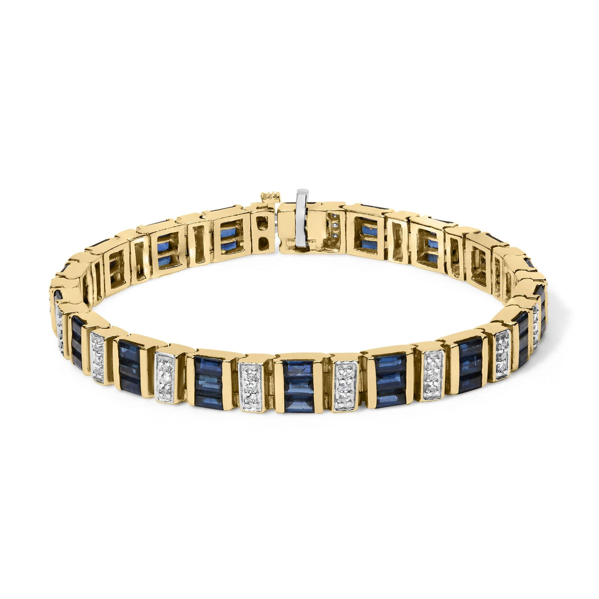 14ct Yellow Gold 2/5 Cttw Diamond &amp; 8.0 Cttw Baguette Cut Blue Sapphire Alternating Link Bracelet (G-H Color, VS1-VS2 Clarity) - 7&quot; Inches