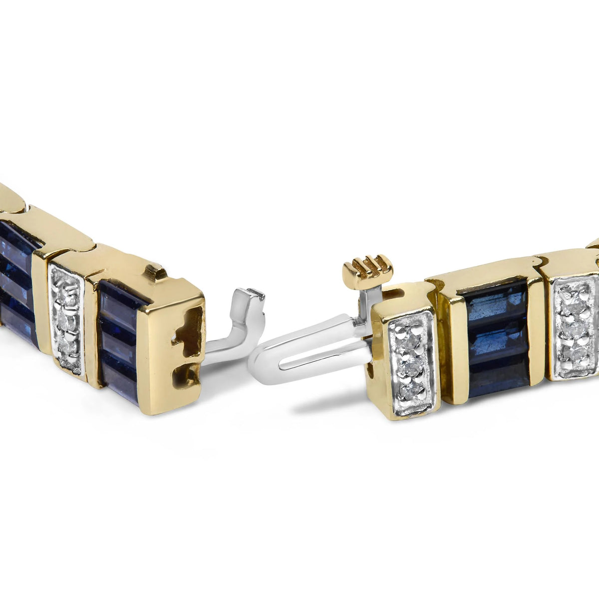 14ct Yellow Gold 2/5 Cttw Diamond &amp; 8.0 Cttw Baguette Cut Blue Sapphire Alternating Link Bracelet (G-H Color, VS1-VS2 Clarity) - 7&quot; Inches