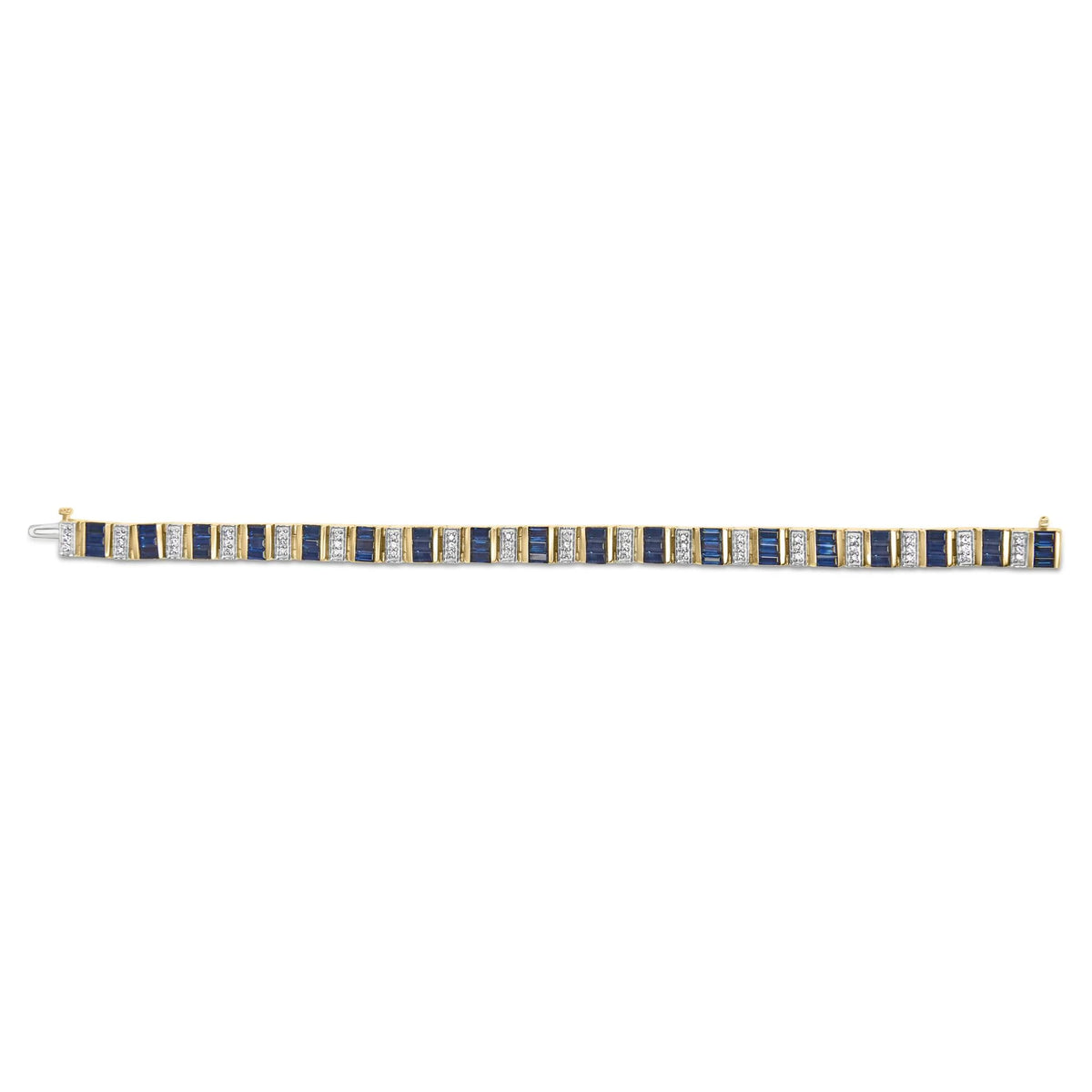 14ct Yellow Gold 2/5 Cttw Diamond &amp; 8.0 Cttw Baguette Cut Blue Sapphire Alternating Link Bracelet (G-H Color, VS1-VS2 Clarity) - 7&quot; Inches