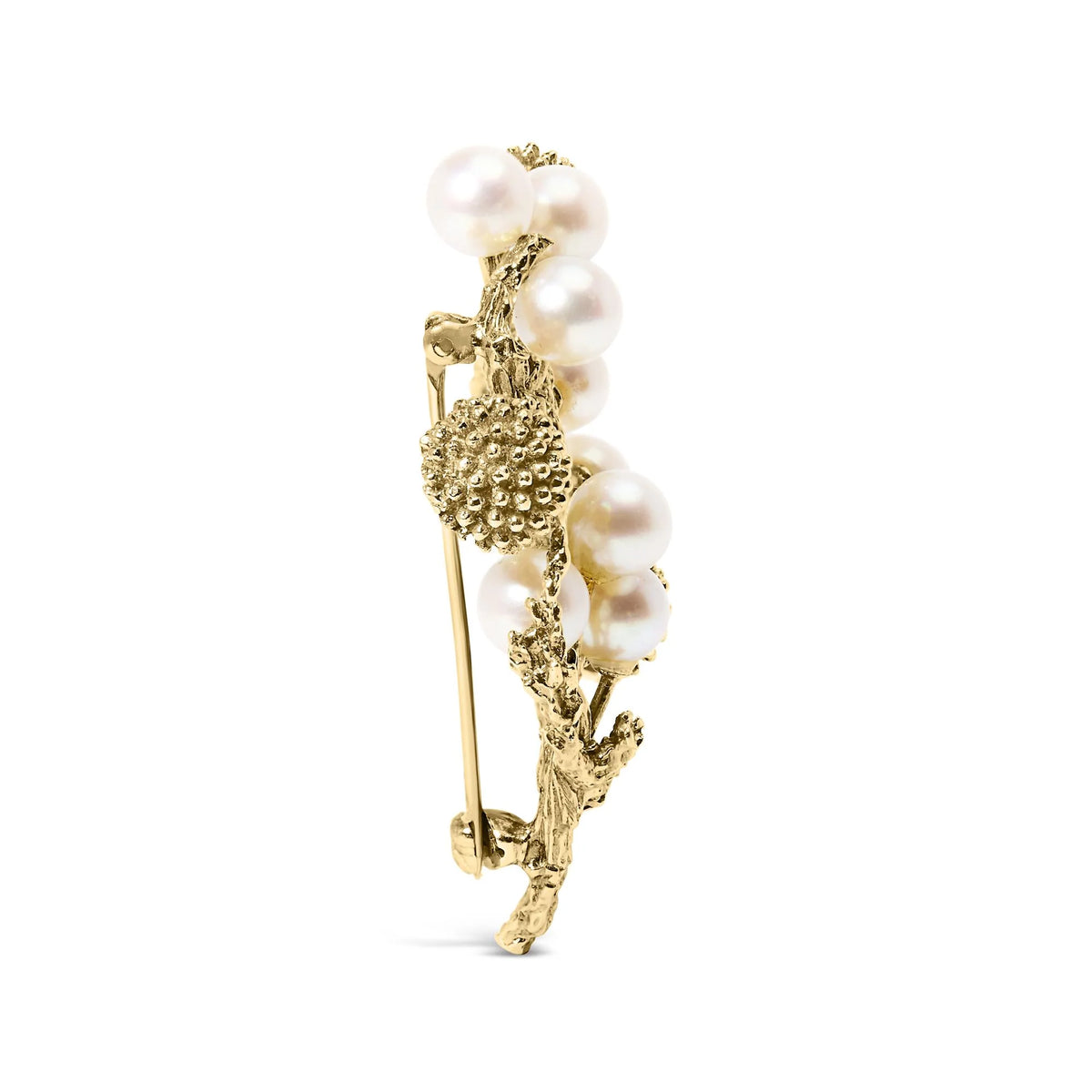 18K Yellow Gold Cultured Akoya Pearl Tree Branch Brooch Pin with Hammered Polish