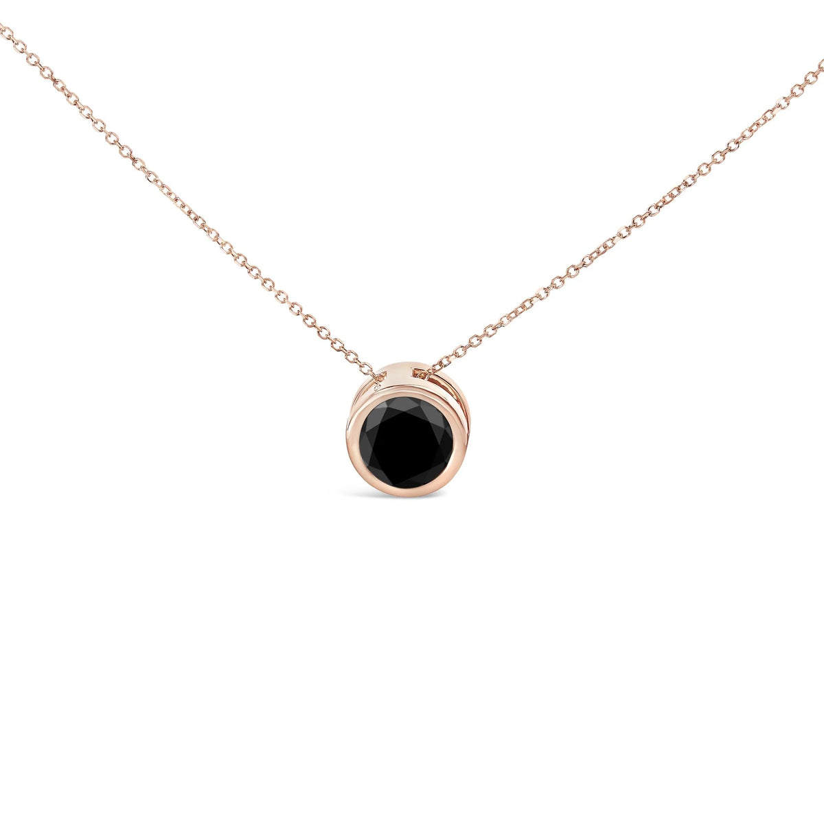 14K Rose Gold Bezel-Set Black Round Diamond Solitaire Pendant Necklace (Black Color, I2-I3 Clarity) - 18&quot;