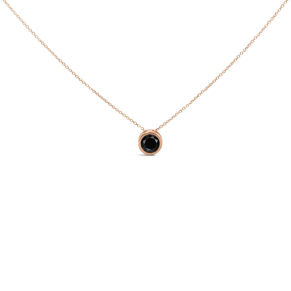 14K Rose Gold Bezel-Set Black Round Diamond Solitaire Pendant Necklace (Black Color, I2-I3 Clarity) - 18&quot;