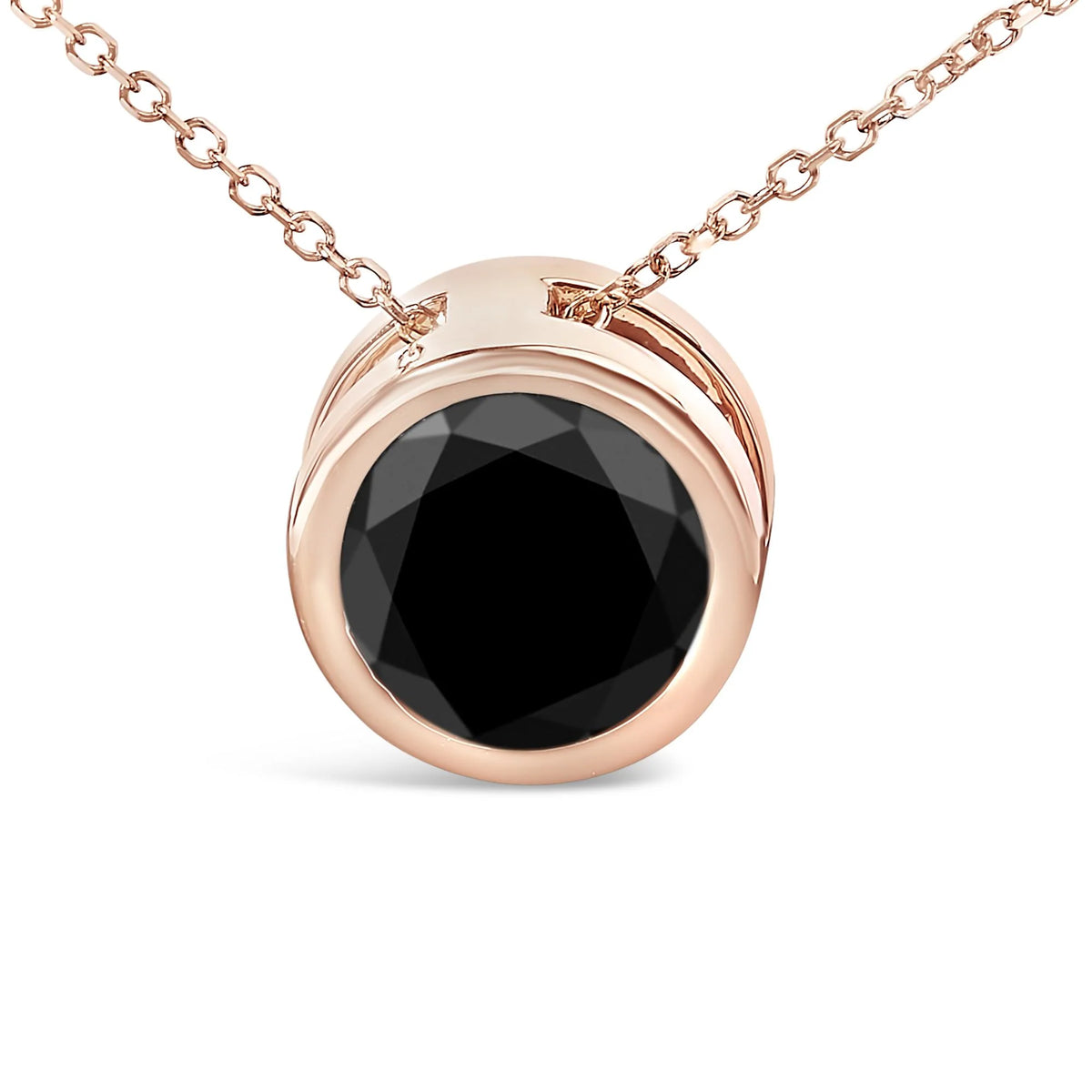 14K Rose Gold Bezel-Set Black Round Diamond Solitaire Pendant Necklace (Black Color, I2-I3 Clarity) - 18&quot;