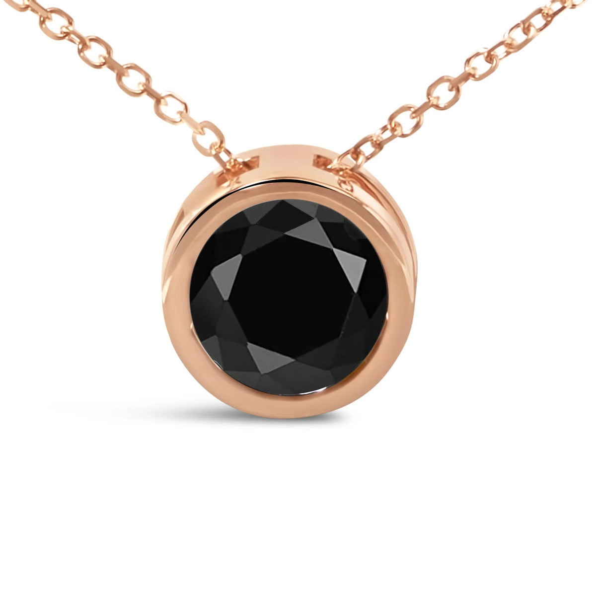 14K Rose Gold Bezel-Set Black Round Diamond Solitaire Pendant Necklace (Black Color, I2-I3 Clarity) - 18&quot;