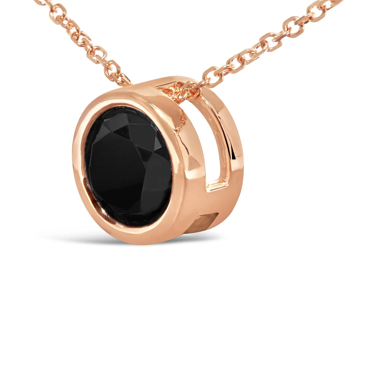 14K Rose Gold Bezel-Set Black Round Diamond Solitaire Pendant Necklace (Black Color, I2-I3 Clarity) - 18&quot;