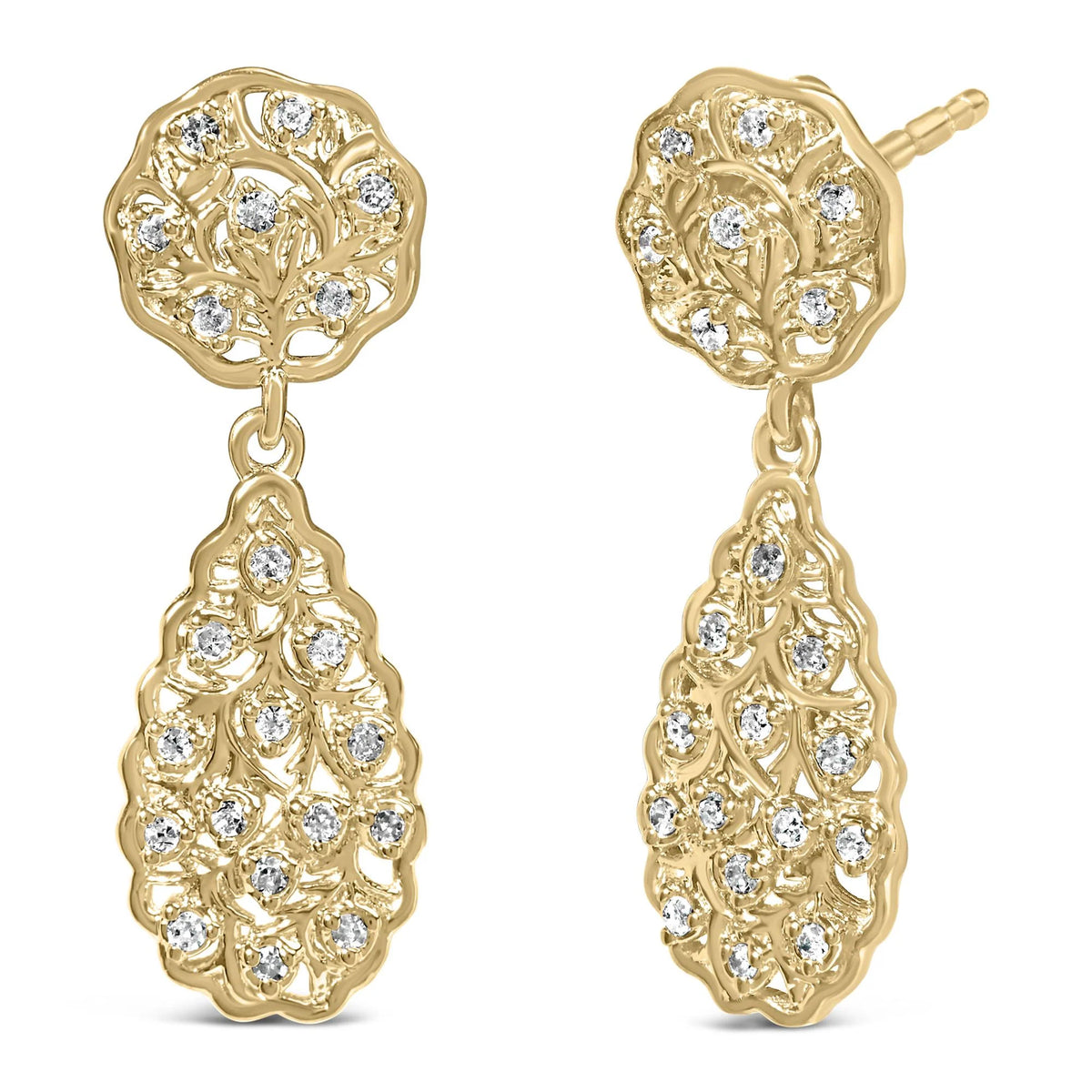 14K Yellow Gold Plated Sterling Silver 1/5 Cttw Diamond Teardrop Filigree Earrings (H-I Color, I1-I2 Clarity)