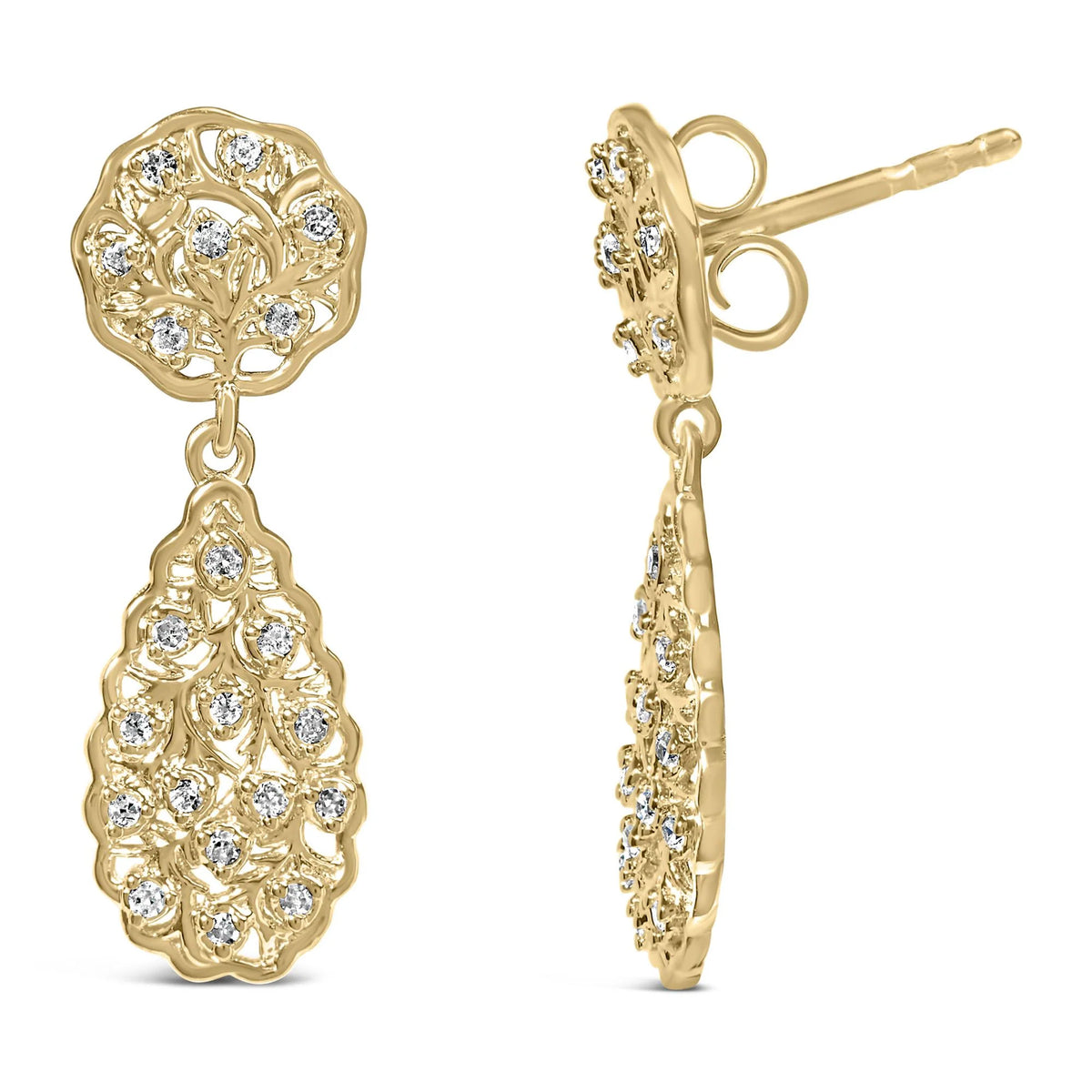 14K Yellow Gold Plated Sterling Silver 1/5 Cttw Diamond Teardrop Filigree Earrings (H-I Color, I1-I2 Clarity)