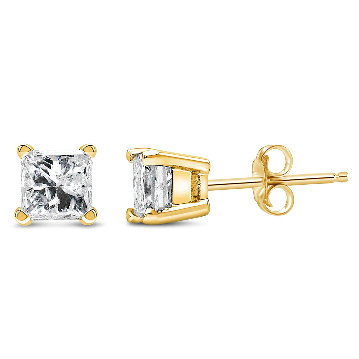 IGI Certified 14k Yellow Gold 1/3 Cttw 4-Prong Set Princess-Cut Solitaire Diamond Push Back Stud Earrings (Q-R Color, I1-I2 Clarity)