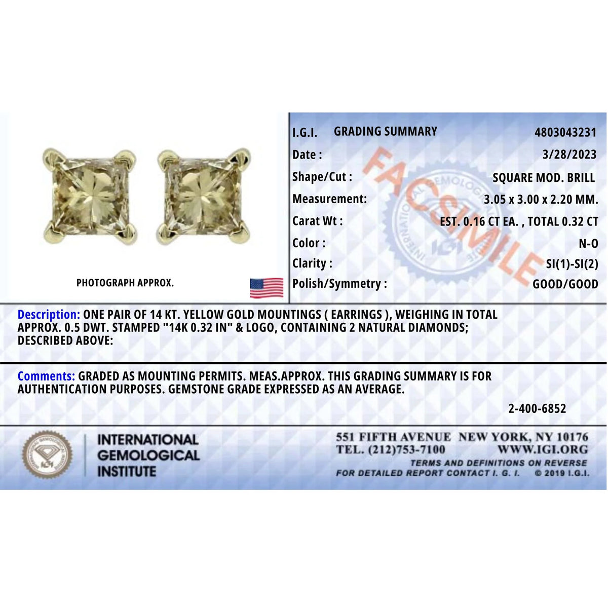 IGI Certified 14k Yellow Gold 1/3 Cttw 4-Prong Set Princess-Cut Solitaire Diamond Push Back Stud Earrings (Q-R Color, I1-I2 Clarity)