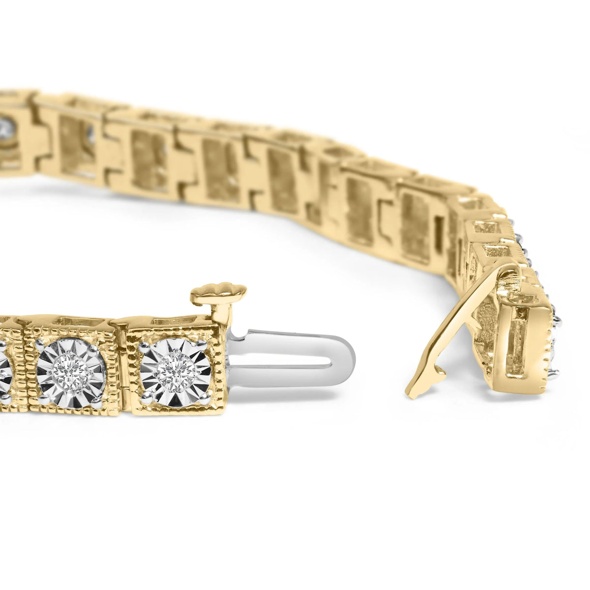 14K Yellow Gold Plated .925 Sterling Silver 1.0 Cttw Miracle Set Diamond Milgrain Link Tennis Bracelet (I-J Color, I2-I3 Clarity) - 7&quot; Inches