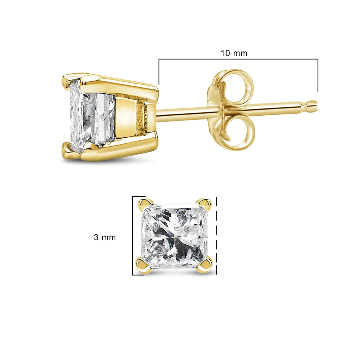 IGI Certified 14K Gold 1/3 Cttw 4-Prong Set Princess-Cut Solitaire Diamond Push Back Stud Earrings (N-O Color, SI1-SI2 Clarity)