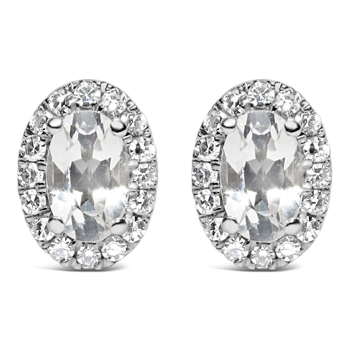 10K White Gold 5x3 MM Oval Cut Birthstone and Diamond Halo Stud Earrings (I-J Color, I1-I2 Clarity)