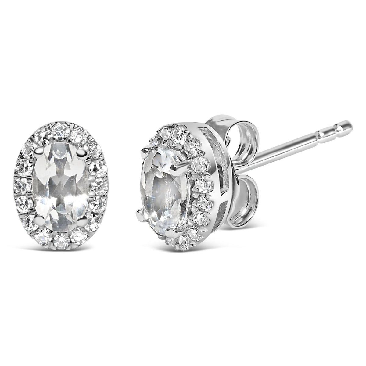 10K White Gold 5x3 MM Oval Cut Birthstone and Diamond Halo Stud Earrings (I-J Color, I1-I2 Clarity)