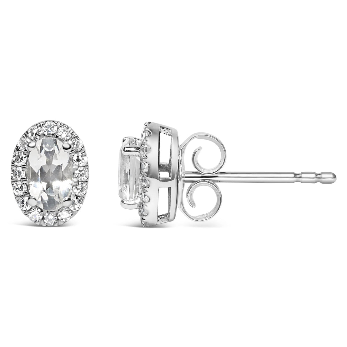 10K White Gold 5x3 MM Oval Cut Birthstone and Diamond Halo Stud Earrings (I-J Color, I1-I2 Clarity)