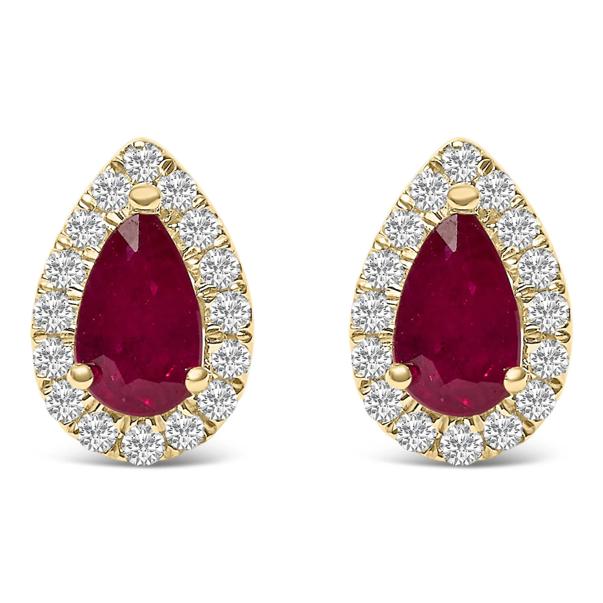 10K Yellow Gold 5X3 MM Pear-Cut Ruby and 1/7 Cttw Diamond Halo Stud Earrings (I-J Color, I1-I2 Clarity)