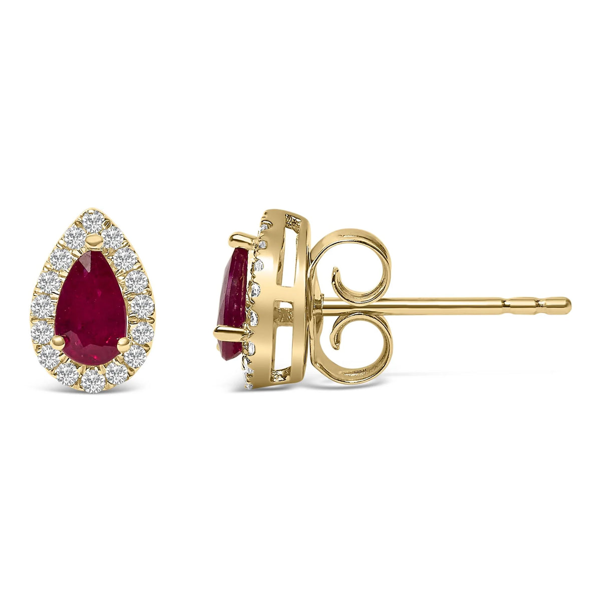 10K Yellow Gold 5X3 MM Pear-Cut Ruby and 1/7 Cttw Diamond Halo Stud Earrings (I-J Color, I1-I2 Clarity)