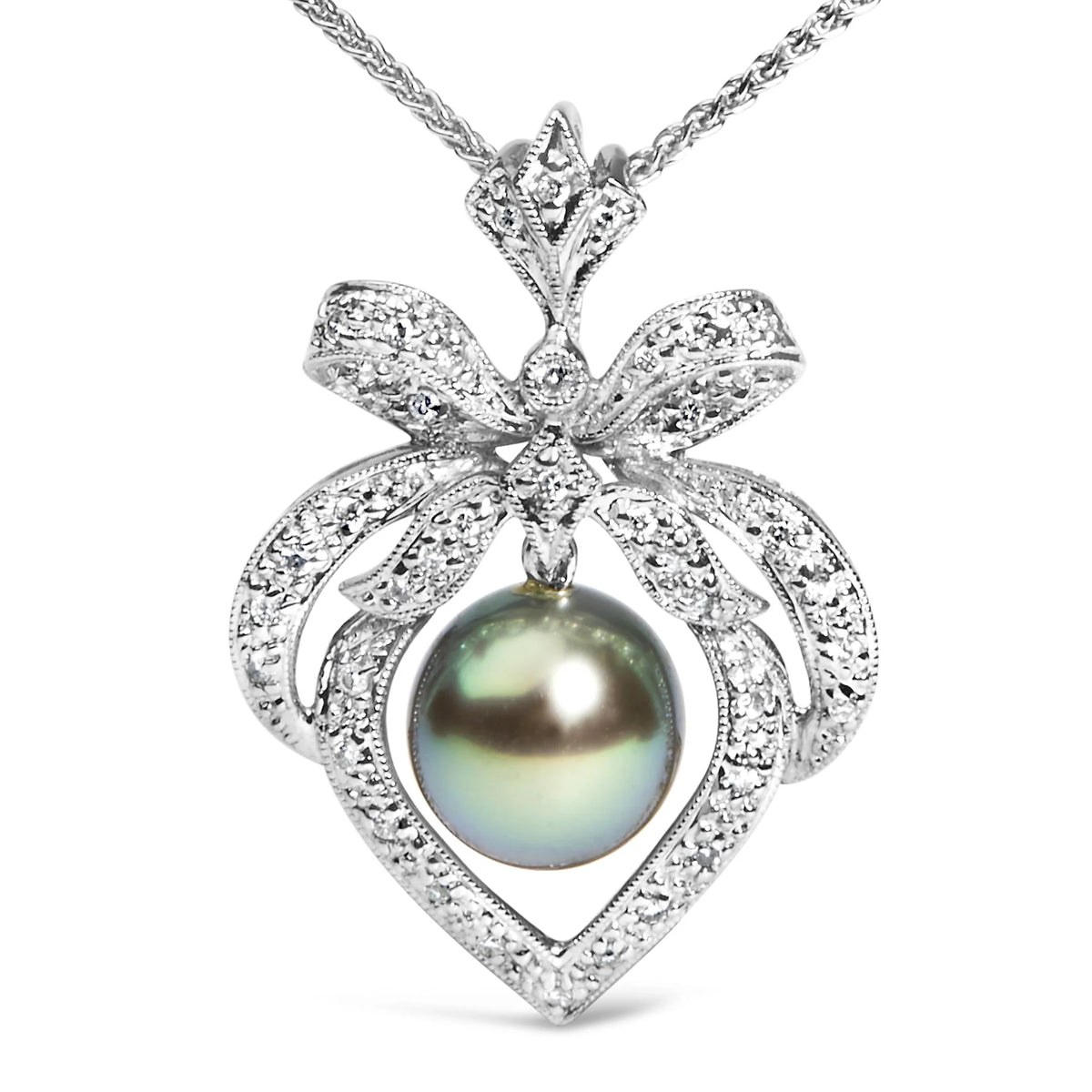 18K 3/4 Cttw Diamond and 12.5 MM Cultured Black Tahitian Pearl Heart Pendant Necklace (G-H Color, SI1-SI2 Clarity) - 18&quot; Inches