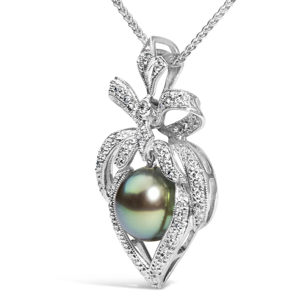 18K 3/4 Cttw Diamond and 12.5 MM Cultured Black Tahitian Pearl Heart Pendant Necklace (G-H Color, SI1-SI2 Clarity) - 18&quot; Inches