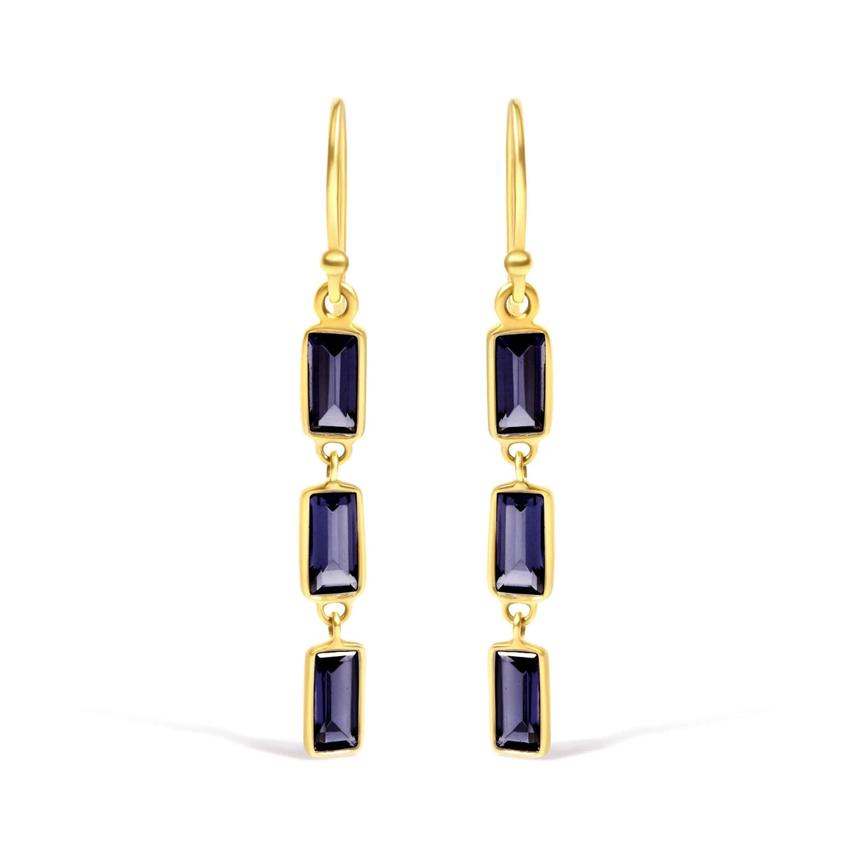 18K Yellow Gold 8x3 MM Bezel Set Purple Baguette Iolite Stiletto 1 1/2 Inch&quot; Dangle Earrings