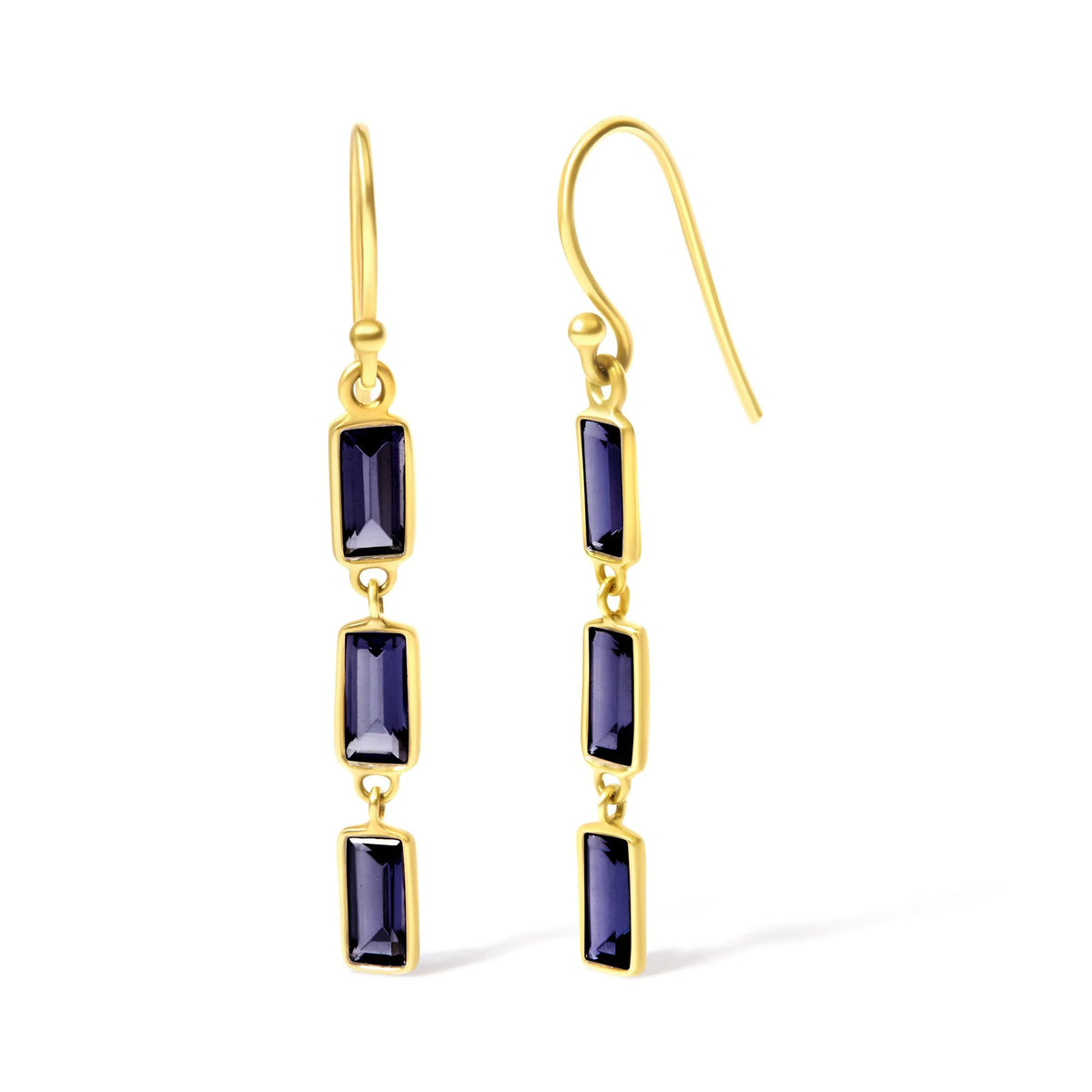 18K Yellow Gold 8x3 MM Bezel Set Purple Baguette Iolite Stiletto 1 1/2 Inch&quot; Dangle Earrings