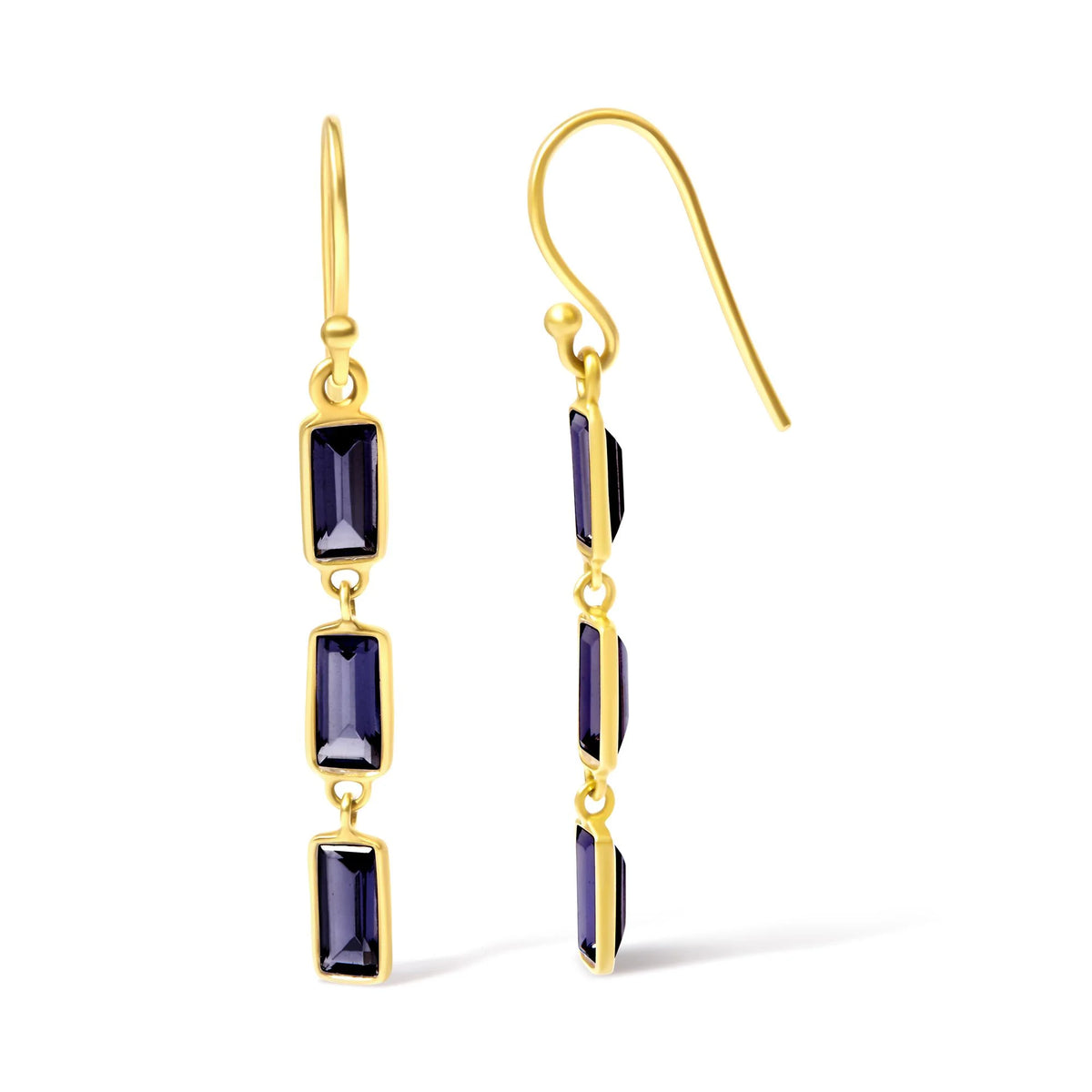 18K Yellow Gold 8x3 MM Bezel Set Purple Baguette Iolite Stiletto 1 1/2 Inch&quot; Dangle Earrings