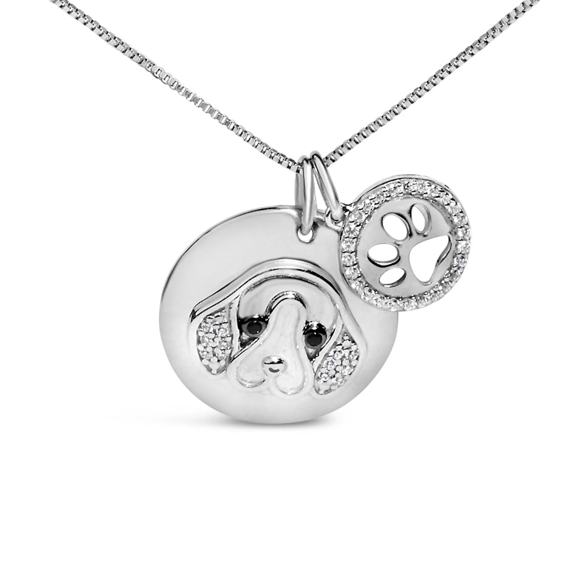 .925 Sterling Silver 1/5 Cttw White and Black Diamond Beagle Dog Medallion and Charm 18&quot; Pendant Necklace (I-J Color, I2-I3 Clarity)