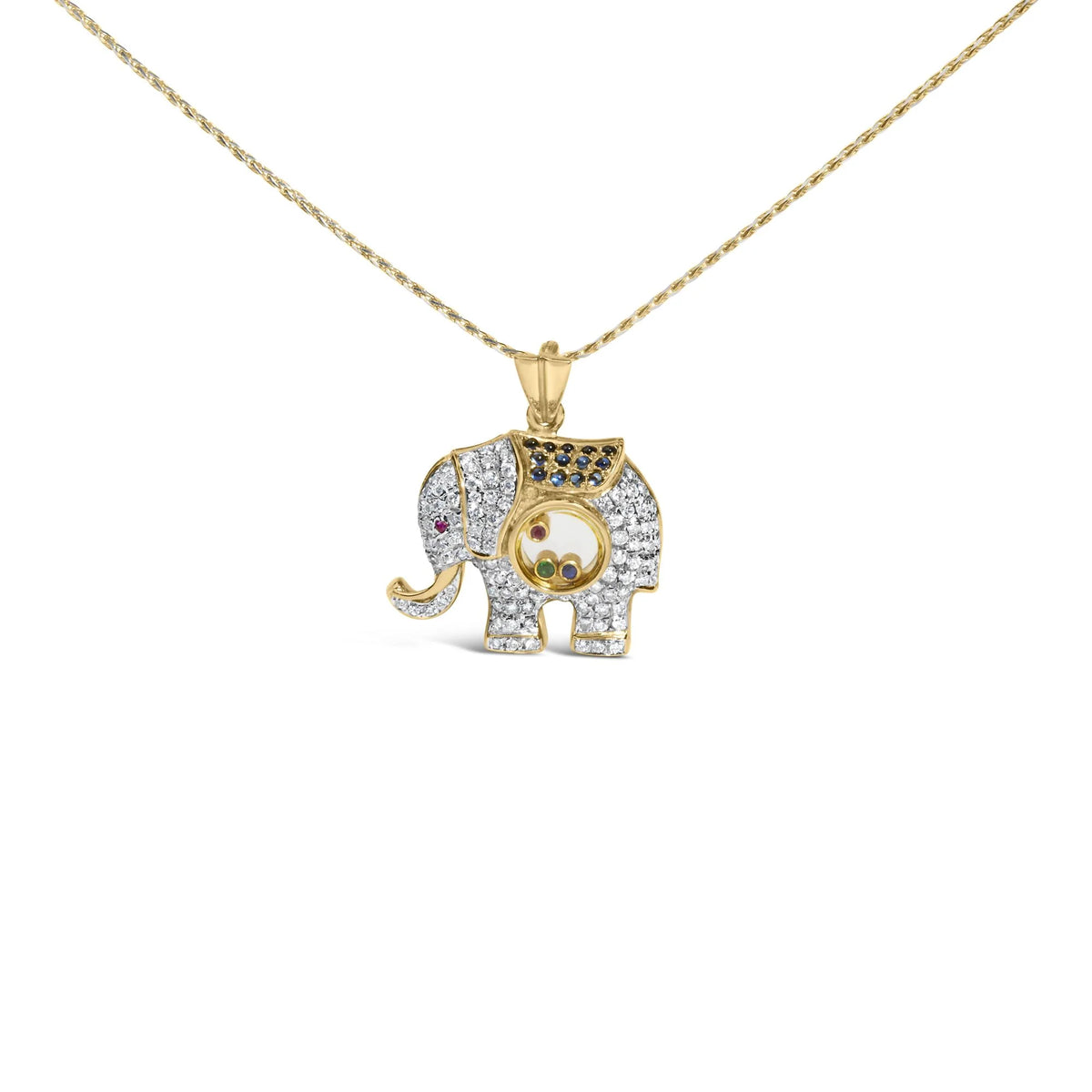 18K Yellow Gold 3/4 Cttw Diamonds Elephant Shaker Pendant Necklace with Emerald, Ruby, and Sapphire (G-H Color, VS2-SI1 Clarity)