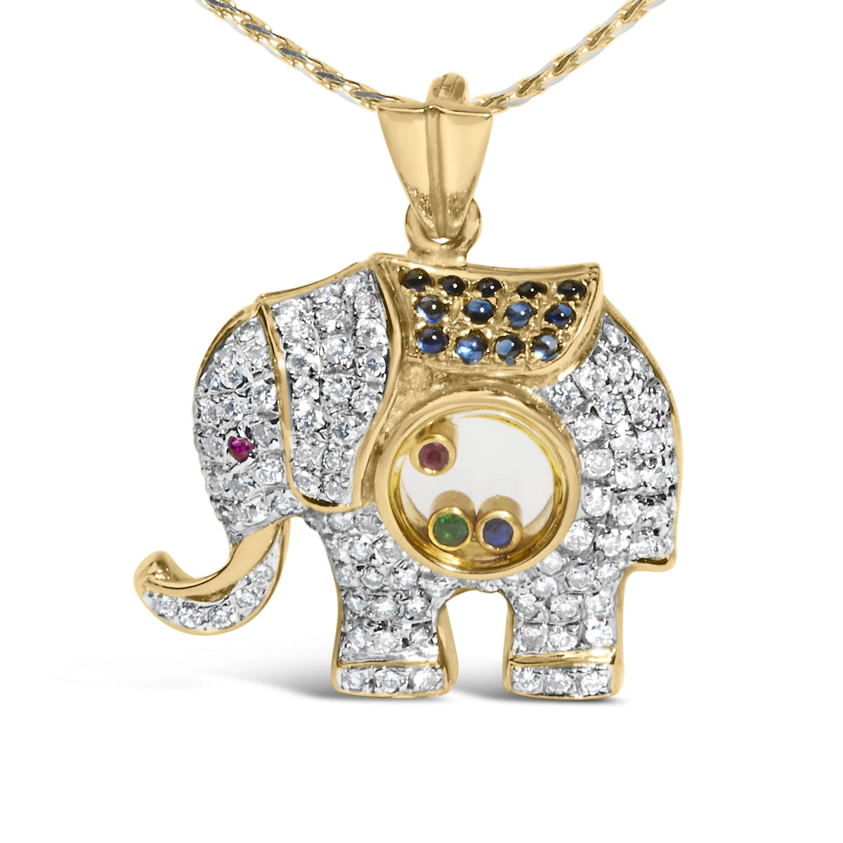 18K Yellow Gold 3/4 Cttw Diamonds Elephant Shaker Pendant Necklace with Emerald, Ruby, and Sapphire (G-H Color, VS2-SI1 Clarity)