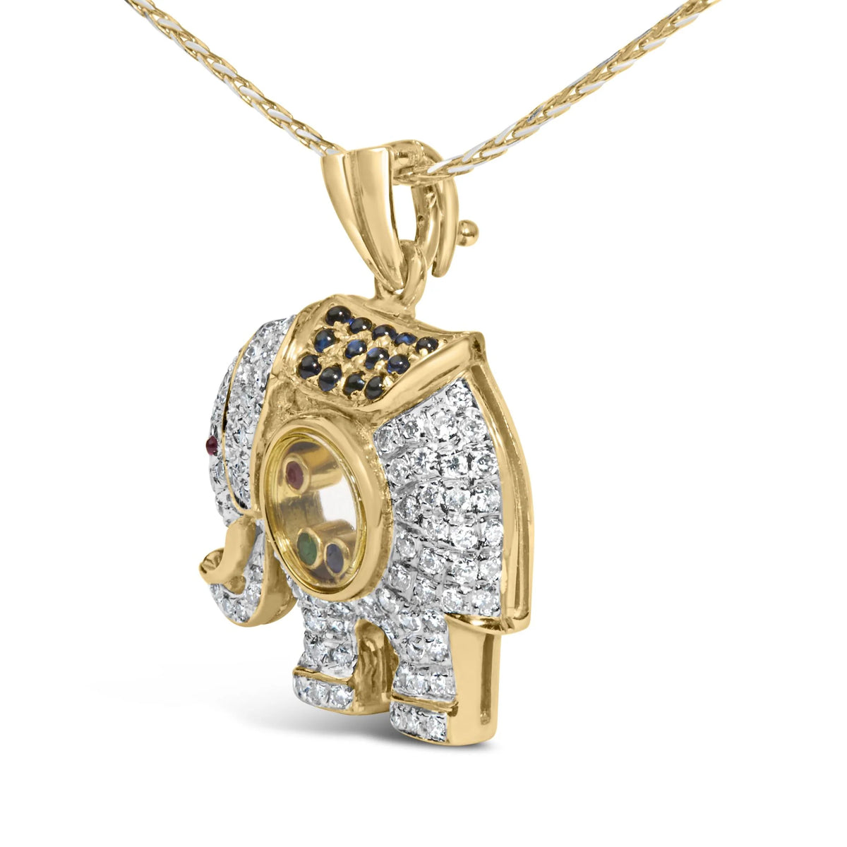 18K Yellow Gold 3/4 Cttw Diamonds Elephant Shaker Pendant Necklace with Emerald, Ruby, and Sapphire (G-H Color, VS2-SI1 Clarity)