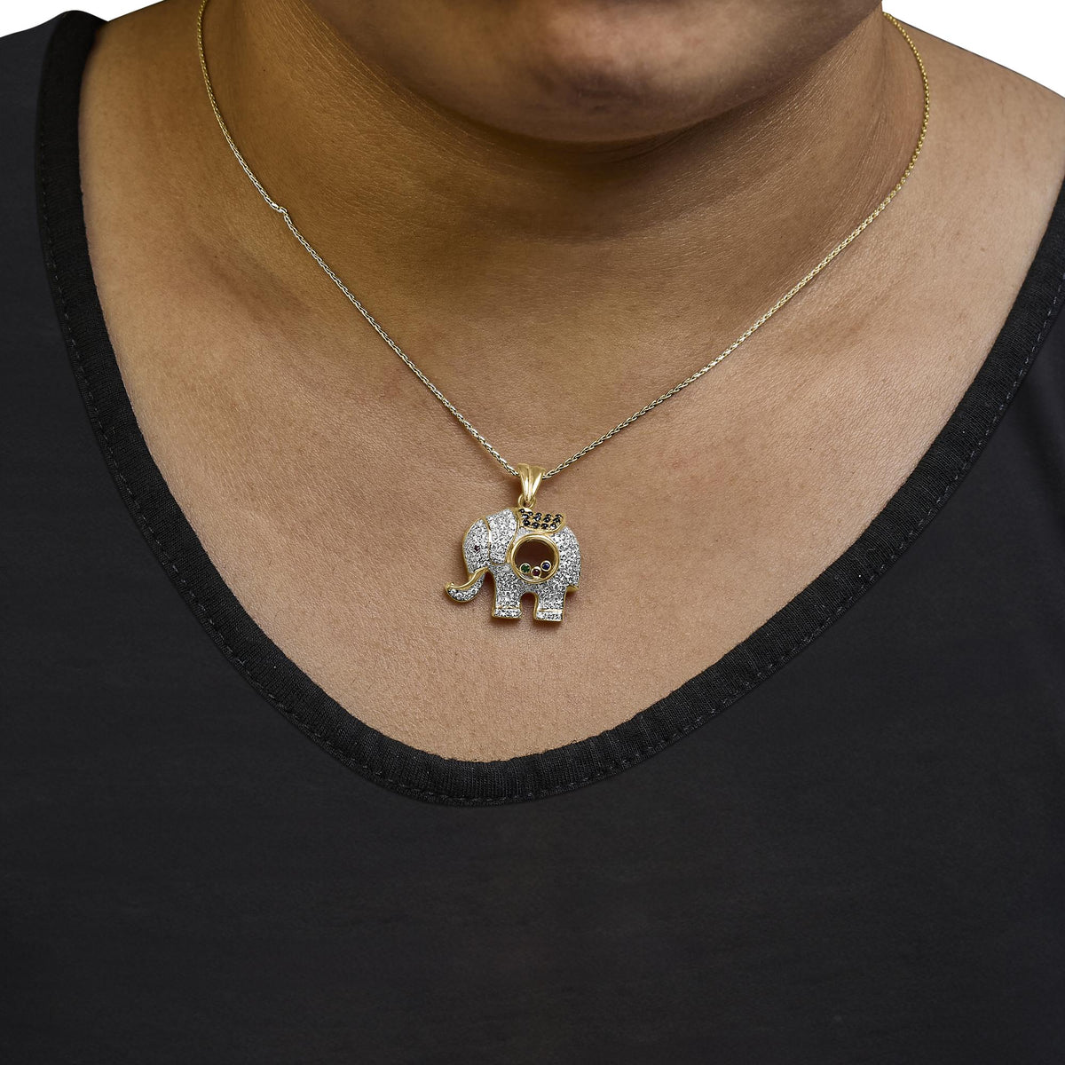 18K Yellow Gold 3/4 Cttw Diamonds Elephant Shaker Pendant Necklace with Emerald, Ruby, and Sapphire (G-H Color, VS2-SI1 Clarity)