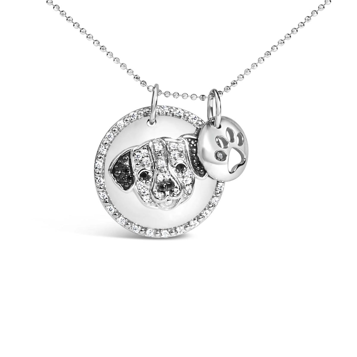 .925 Sterling Silver 1/4 Cttw White and Black Diamond Pitbull Dog Medallion and Charm 18&quot; Pendant Necklace (I-J Color, I2-I3 Clarity)